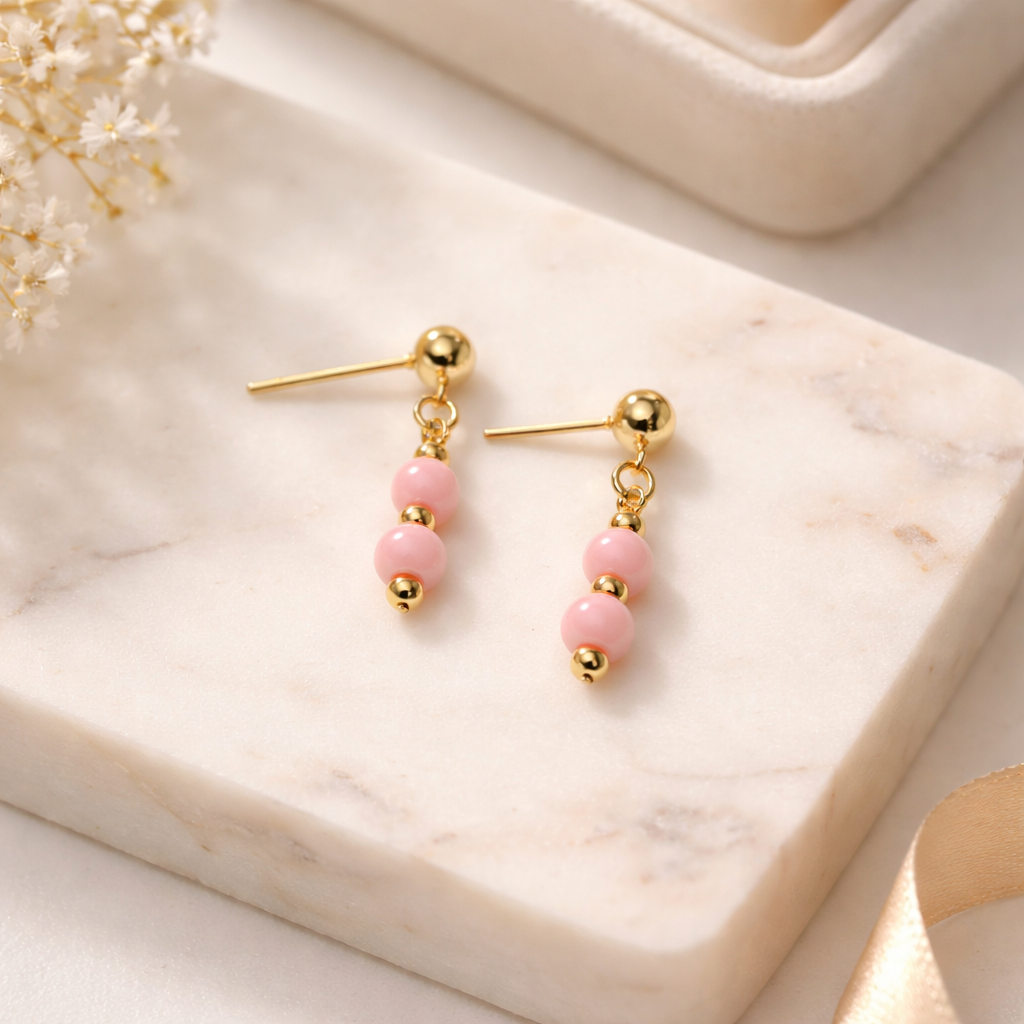 GOLDEN STUD EARRINGS WITH  PINK QUARTZ BEADS