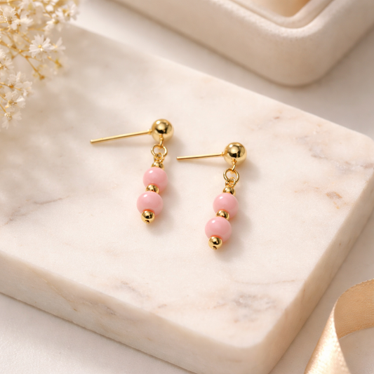 GOLDEN STUD EARRINGS WITH  PINK QUARTZ BEADS
