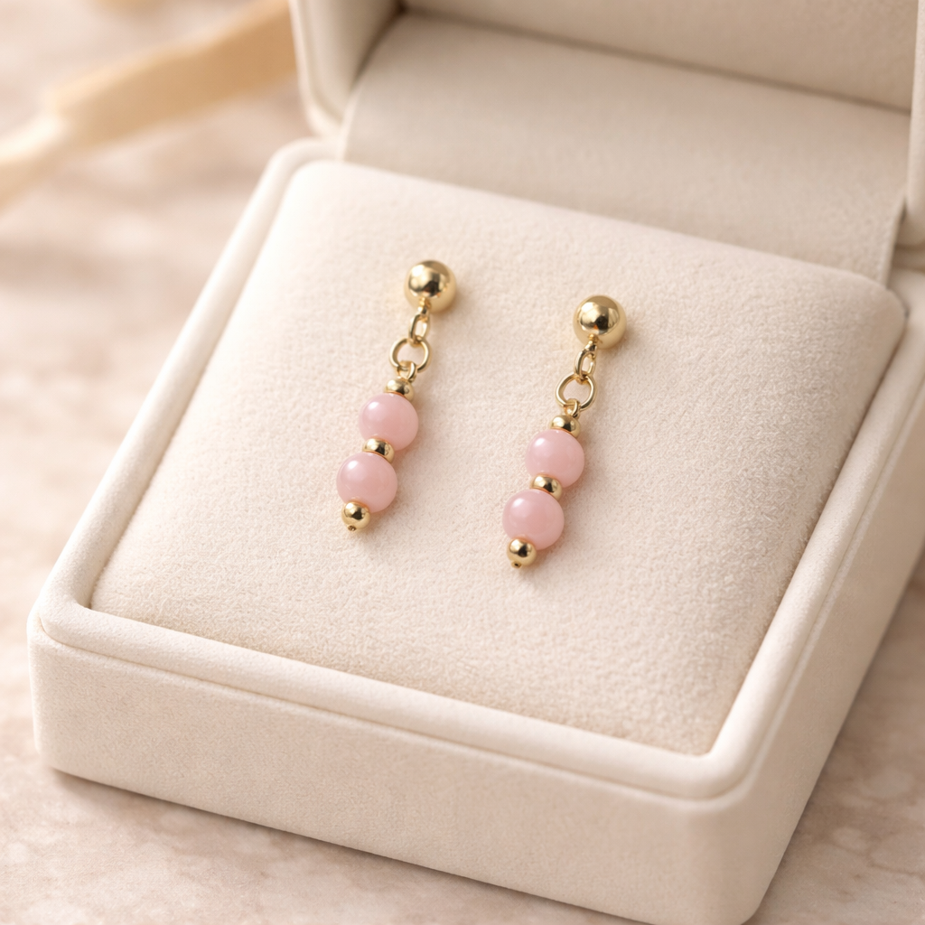 GOLDEN STUD EARRINGS WITH  PINK QUARTZ BEADS