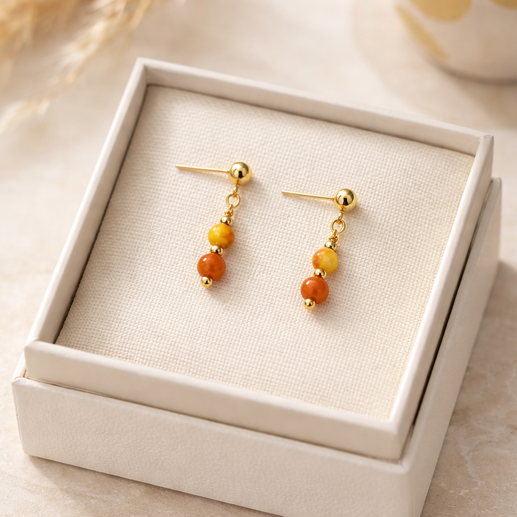 GOLDEN STUD EARRINGS WITH  YELLOW AGATE BEADS