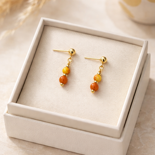 GOLDEN STUD EARRINGS WITH  YELLOW AGATE BEADS