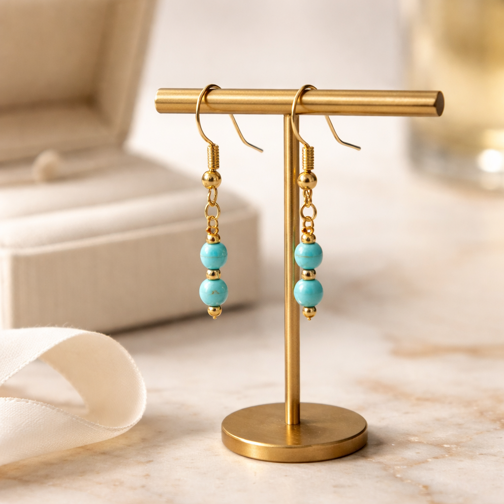 GOLDEN HOOK EARRINGS WITH TURQUOISE BEADS