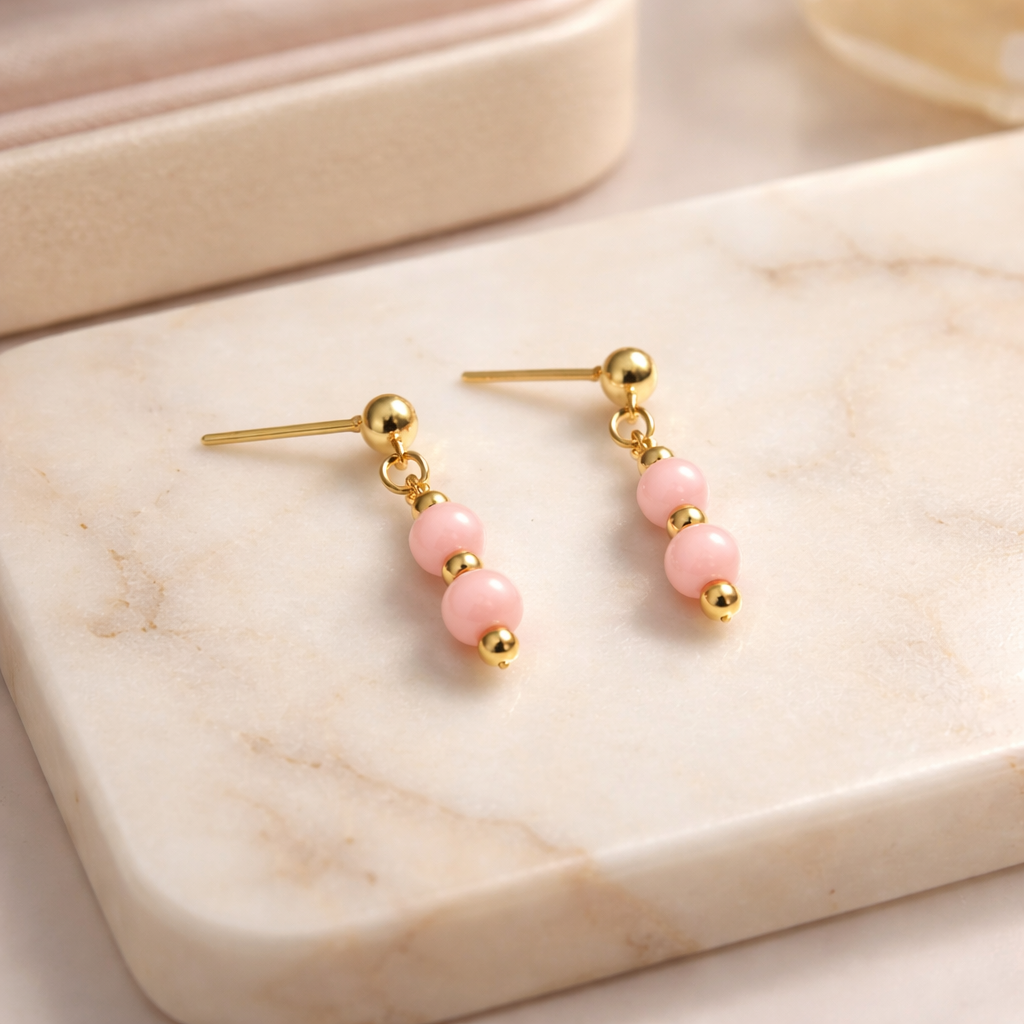 GOLDEN STUD EARRINGS WITH  PINK QUARTZ BEADS