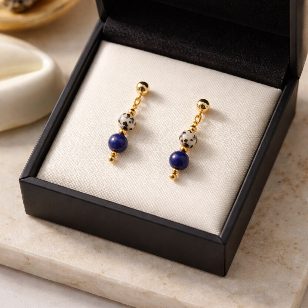 GOLDEN STUD EARRINGS WITH  LAPIS LAZULI & DALMATIAN JASPER BEADS
