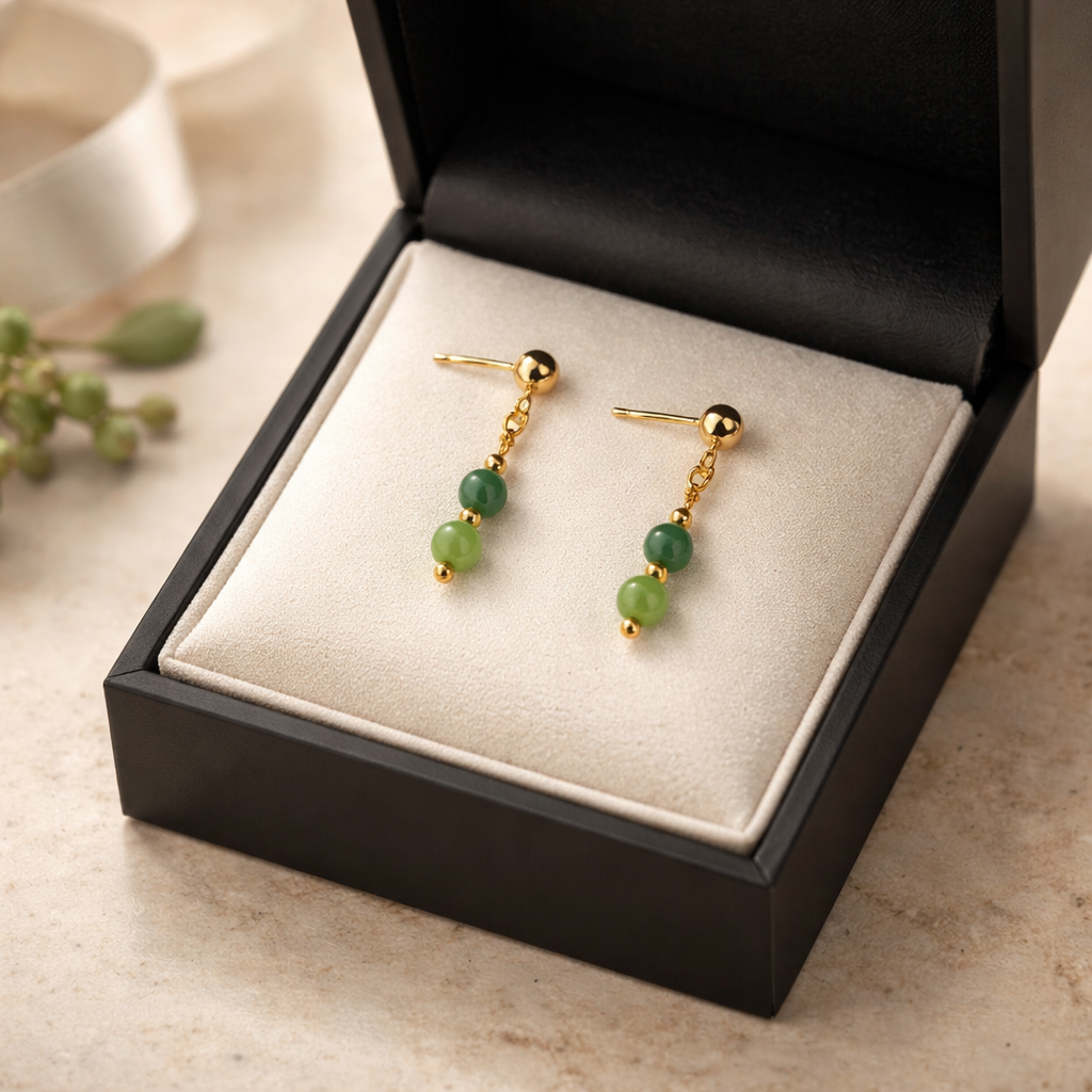 GOLDEN STUD EARRINGS WITH  PERIDOT & GREEN CHALCEDONY BEADS