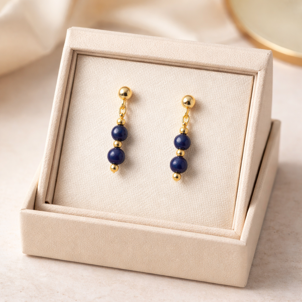 GOLDEN STUD EARRINGS WITH  LAPIS LAZULI BEADS
