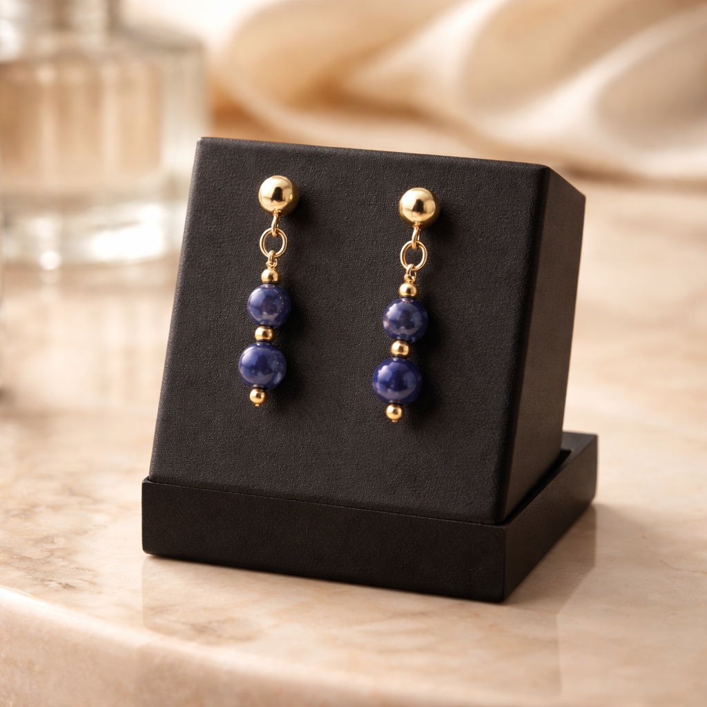 GOLDEN STUD EARRINGS WITH  LAPIS LAZULI BEADS