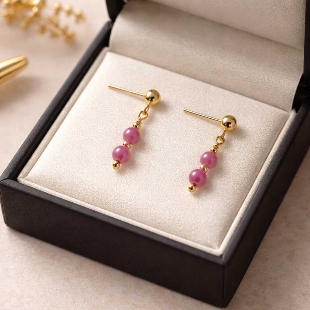 GOLDEN STUD EARRINGS WITH  PINK TOURMALINE BEADS