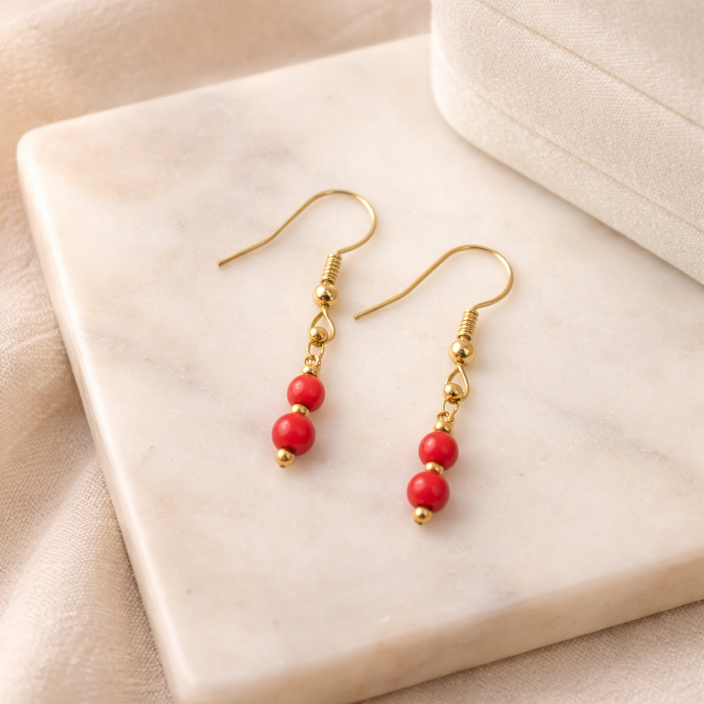GOLDEN HOOK EARRINGS WITH RED HOWLITE BEADS