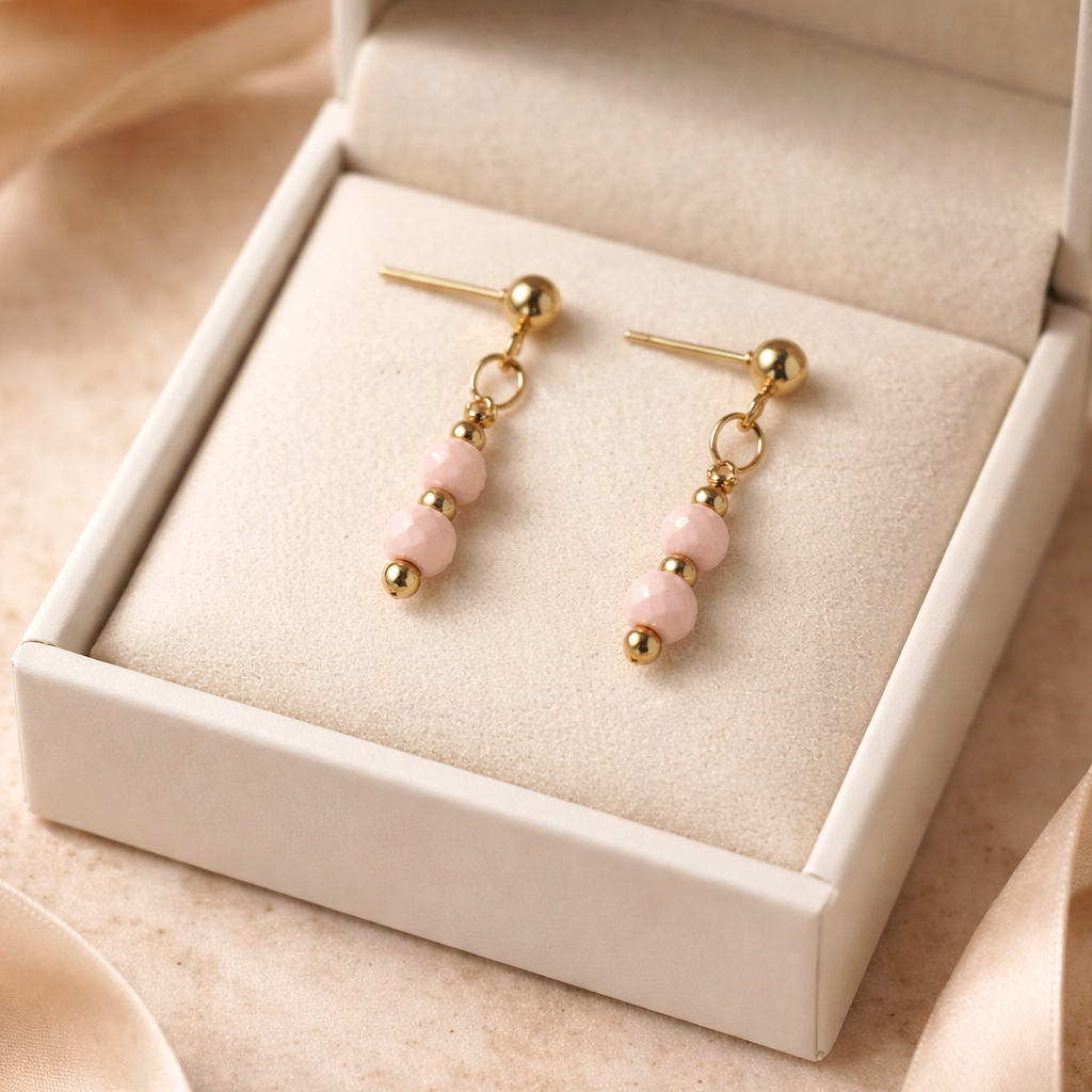 GOLDEN STUD EARRINGS WITH  PINK HOWLITE BEADS