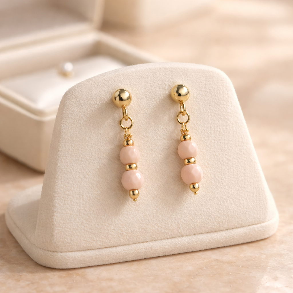 GOLDEN STUD EARRINGS WITH  PINK HOWLITE BEADS