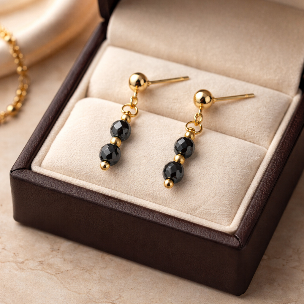 GOLDEN STUD EARRINGS WITH  BLACK HEMATITE BEADS