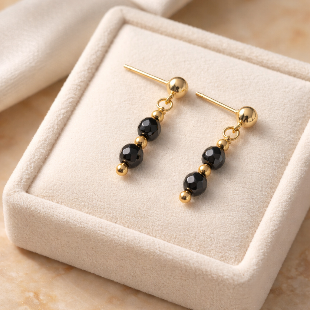GOLDEN STUD EARRINGS WITH  BLACK HEMATITE BEADS