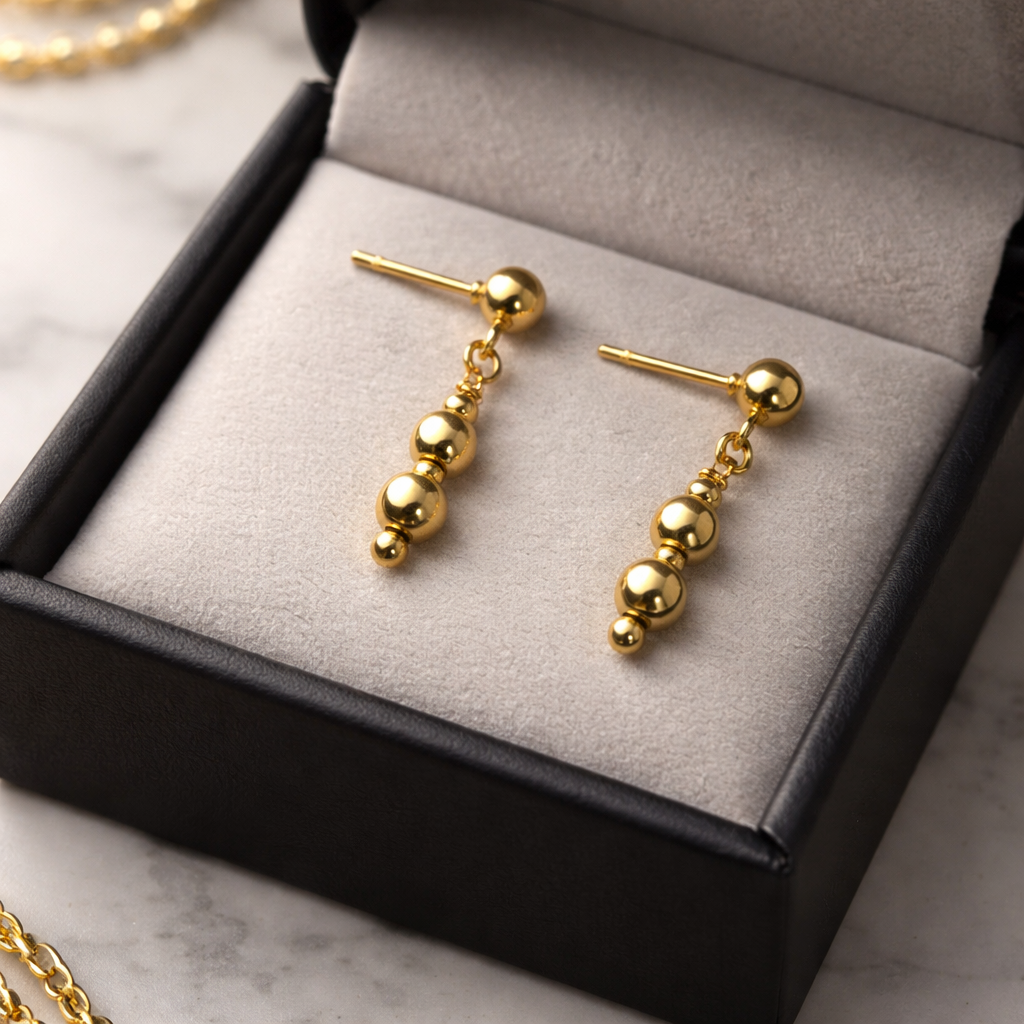 GOLDEN STUD EARRINGS WITH  GOLD HEMATITE BEADS