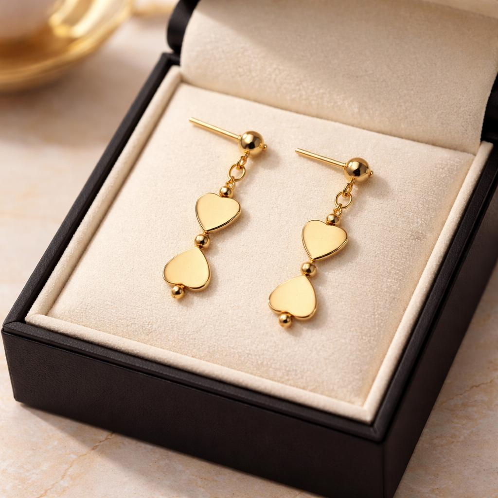 GOLDEN STUD EARRINGS WITH  GOLD HEMATITE HEARTS