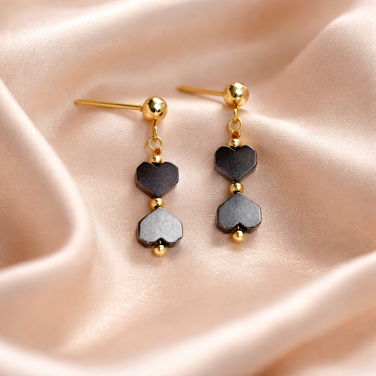 "Oh, my heart" GOLDEN EARRINGS WITH HEMATITE HEARTS