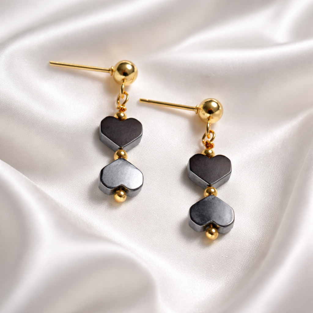 "Oh, my heart" GOLDEN EARRINGS WITH HEMATITE HEARTS
