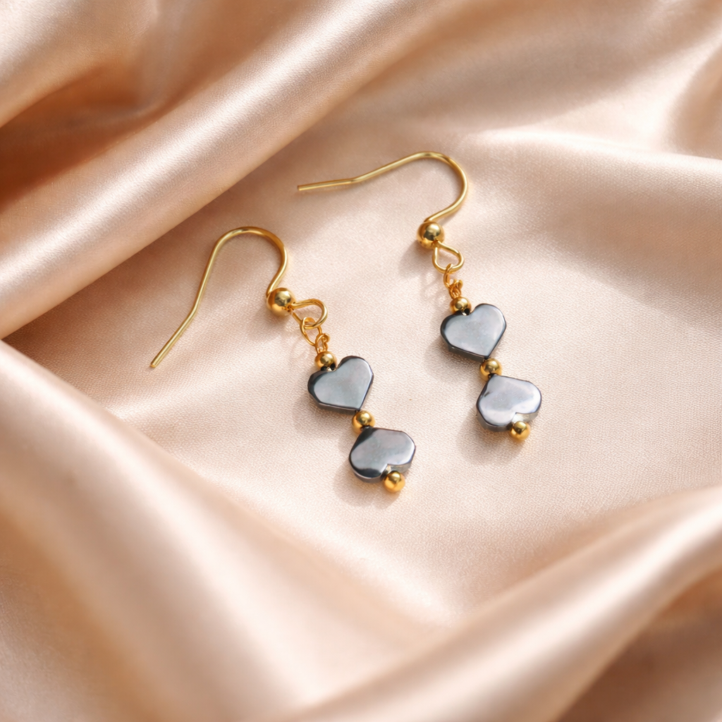 GOLDEN HOOK EARRINGS WITH  BLACK HEMATITE HEARTS