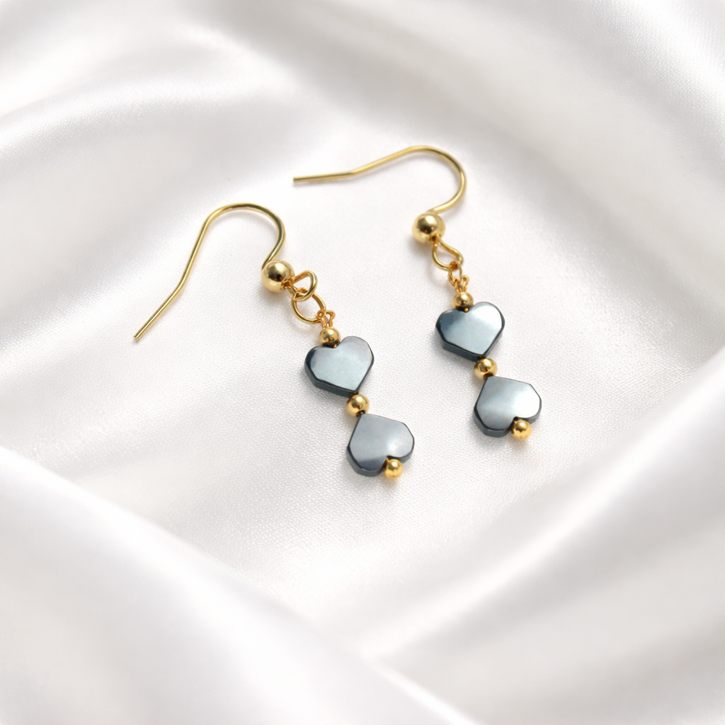 GOLDEN HOOK EARRINGS WITH  BLACK HEMATITE HEARTS