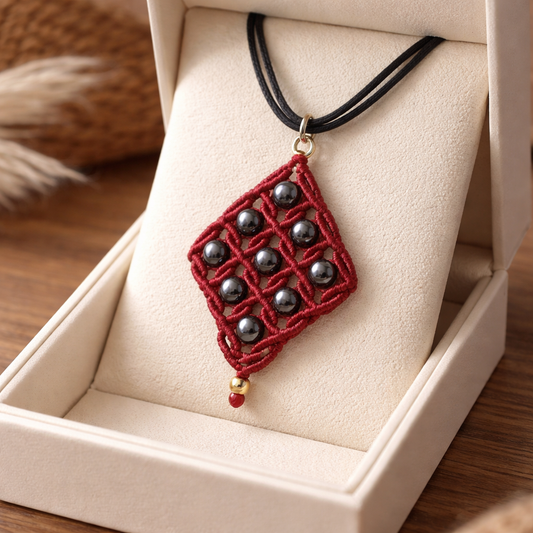 MACRAME DIAMOND SHAPE NECKLACE WITH HEMATITE BEADS