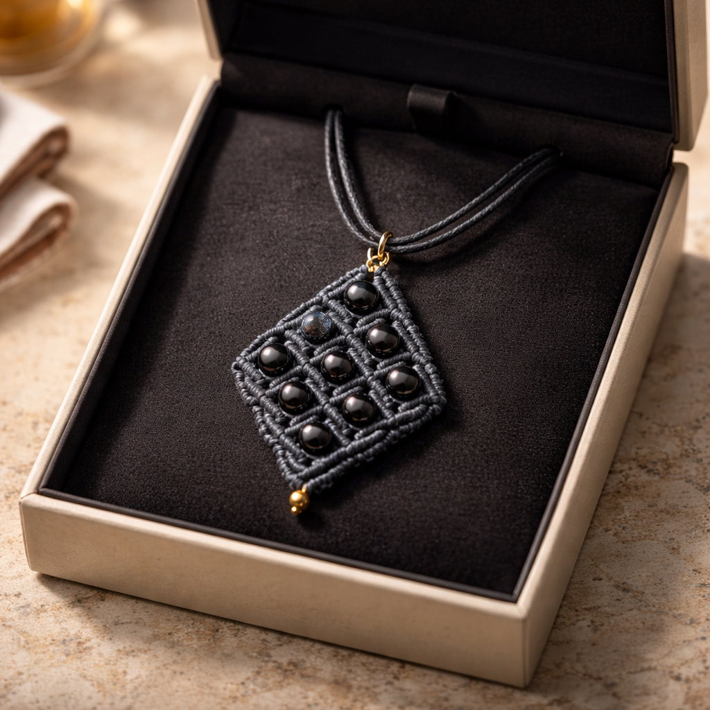 MACRAME DIAMOND SHAPE NECKLACE WITH HEMATITE BEADS
