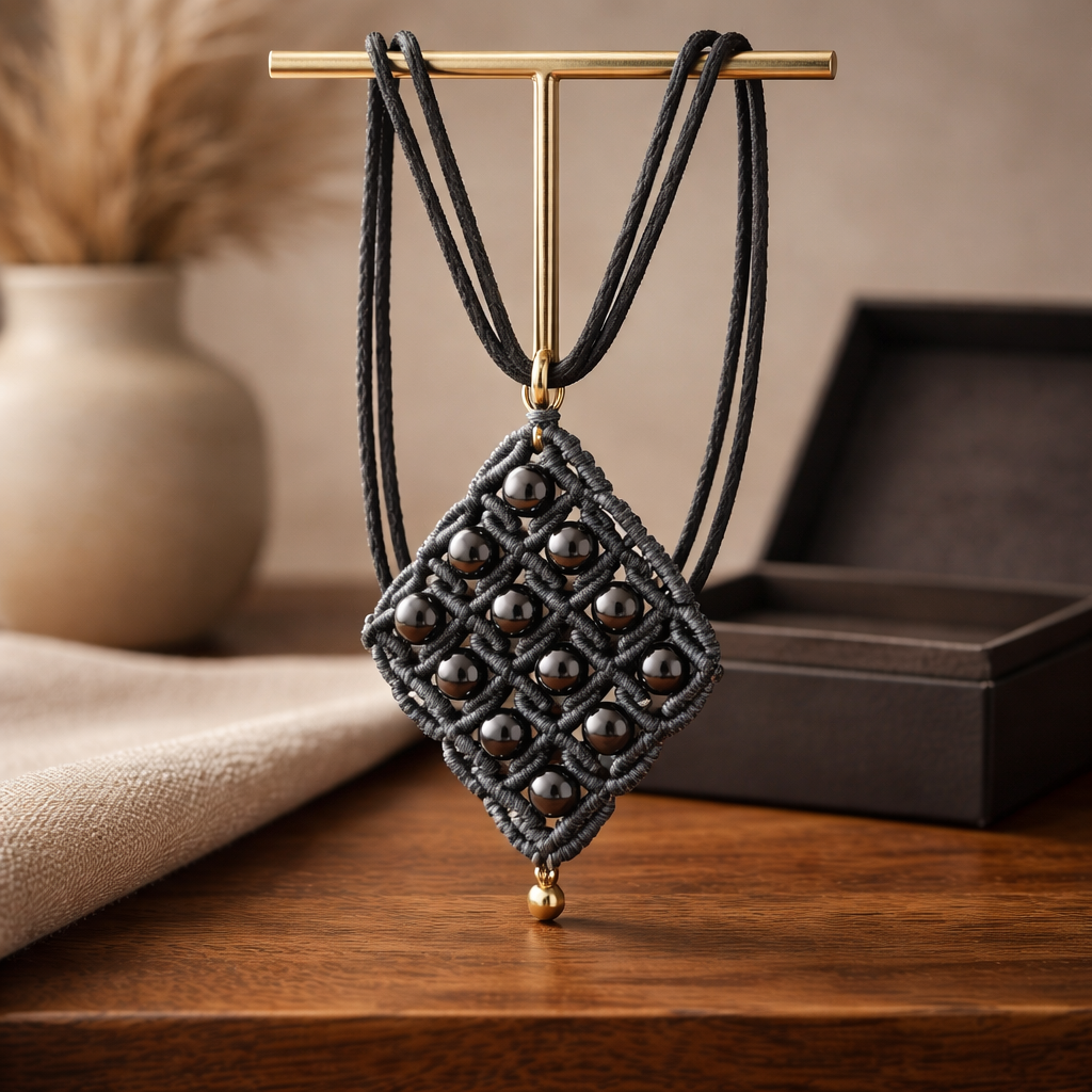 MACRAME DIAMOND SHAPE NECKLACE WITH HEMATITE BEADS
