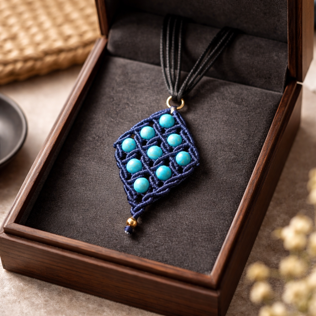 MACRAME DIAMOND SHAPE NECKLACE WITH BLUE HOWLITE