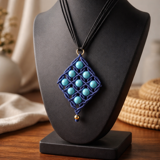 MACRAME DIAMOND SHAPE NECKLACE WITH BLUE HOWLITE