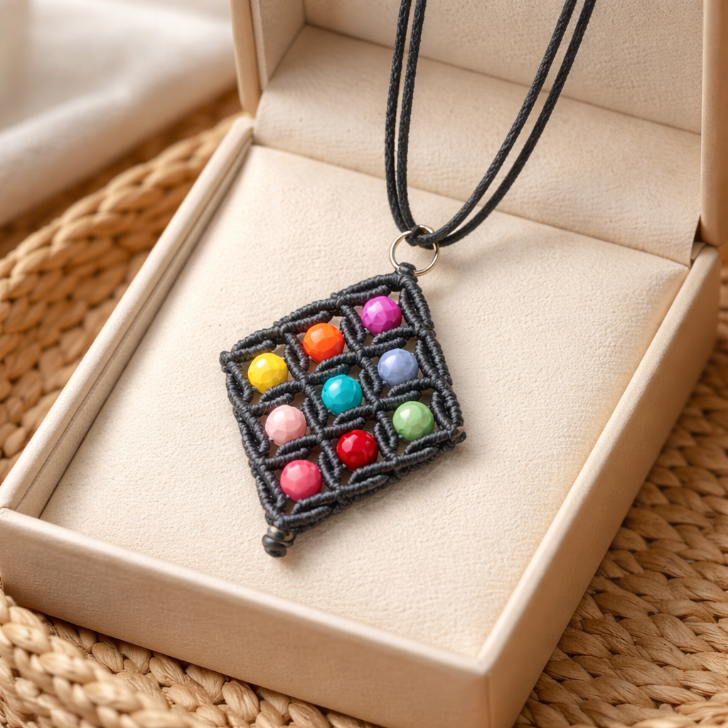 MACRAME DIAMOND SHAPE NECKLACE WITH MULTICOLORED HOWLITE