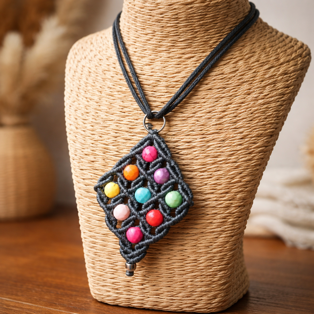 MACRAME DIAMOND SHAPE NECKLACE WITH MULTICOLORED HOWLITE