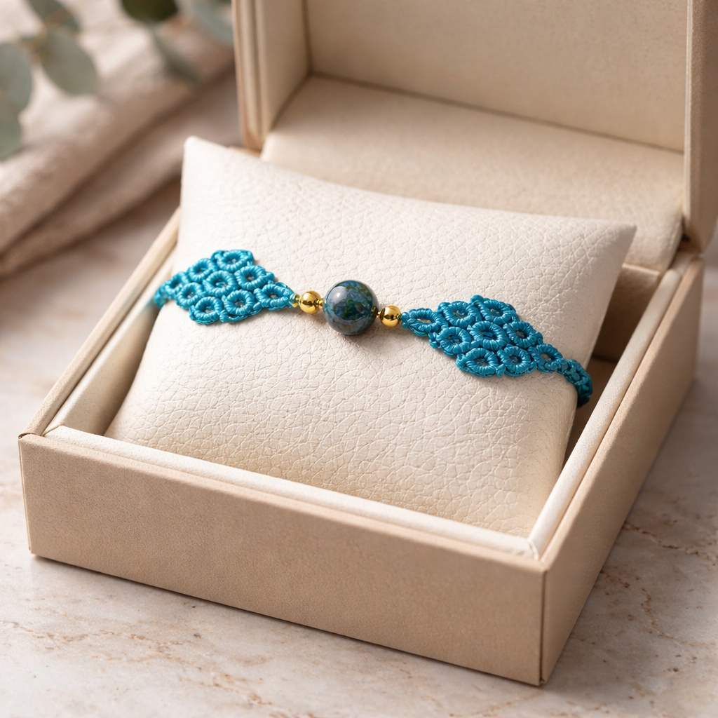 MACRAME BRACELET WITH SEMI-PRECIOUS STONES AND STAINLESS STEEL BEADS- AQUAMARINE
