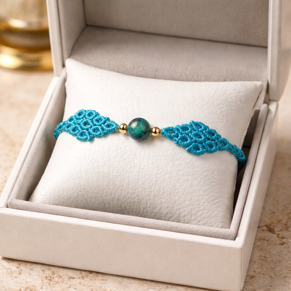 MACRAME BRACELET WITH SEMI-PRECIOUS STONES AND STAINLESS STEEL BEADS- AQUAMARINE