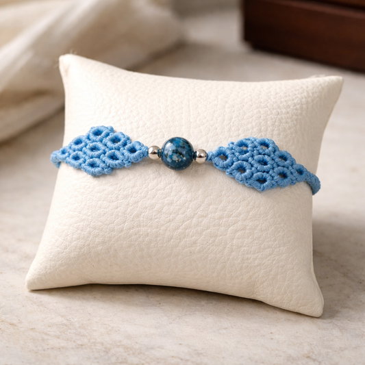 MACRAME BRACELET WITH SEMI-PRECIOUS STONES AND STAINLESS STEEL BEADS- LIGHT BLUE