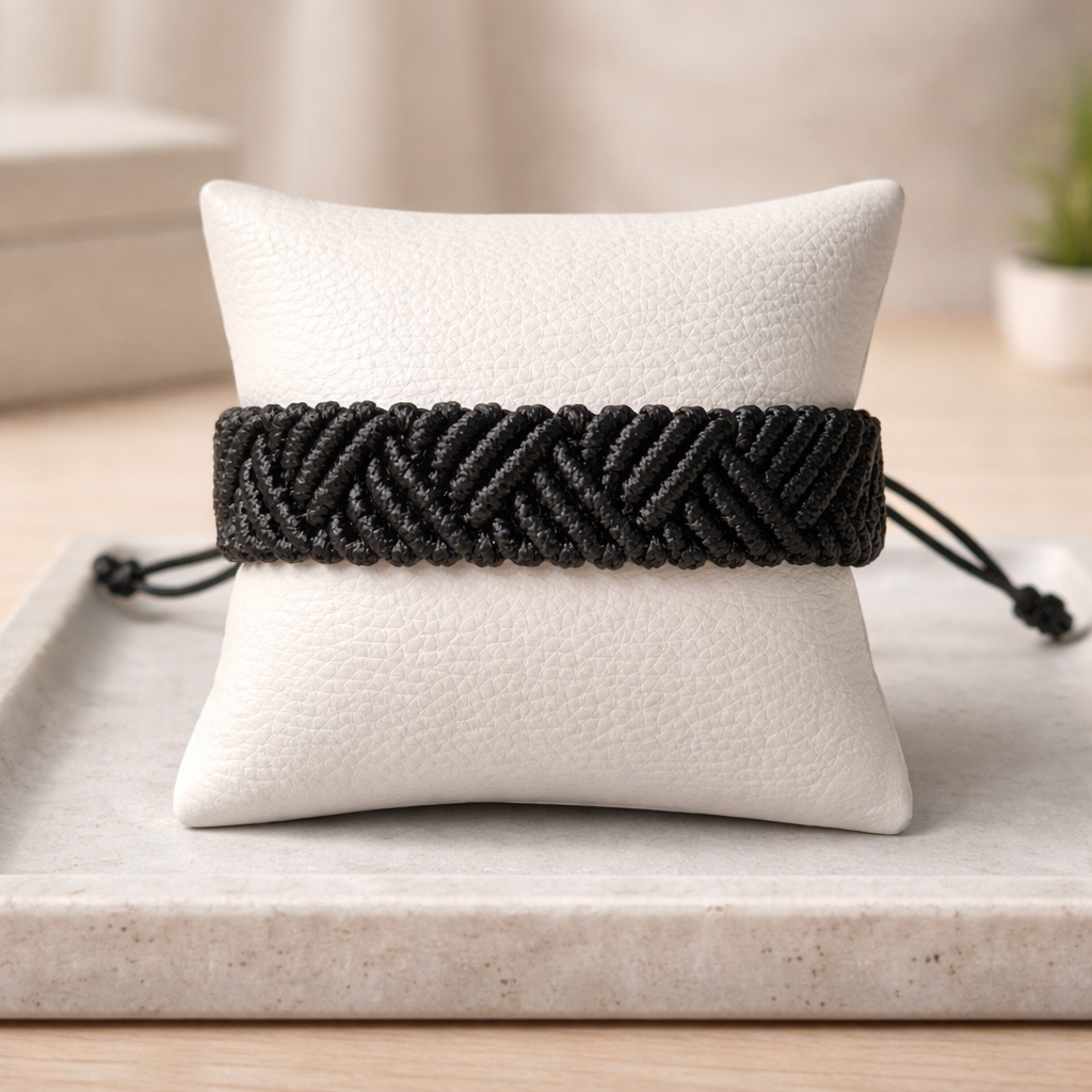 MEN'S BLACK MACRAME BRACELET WITH ZIG-ZAG LINES