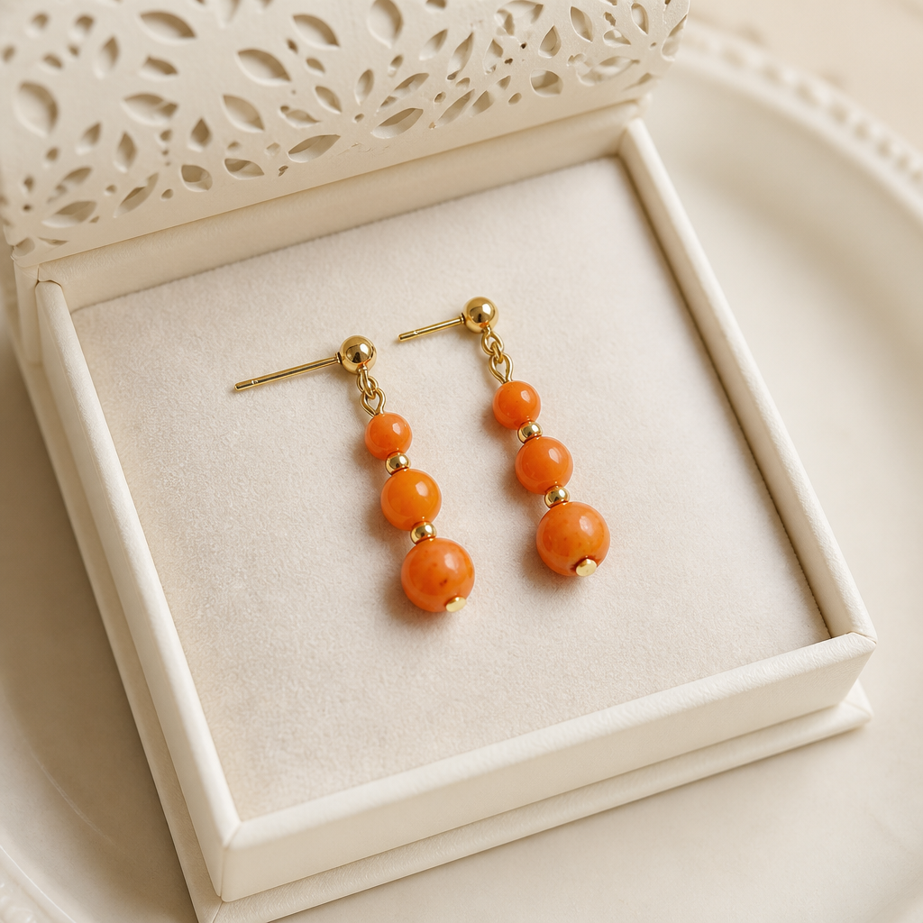 STUD EARRINGS WITH RED CORAL BEADS