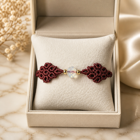 MACRAME BRACELET WITH SEMI-PRECIOUS STONES AND STAINLESS STEEL BEADS-BURGUNDY