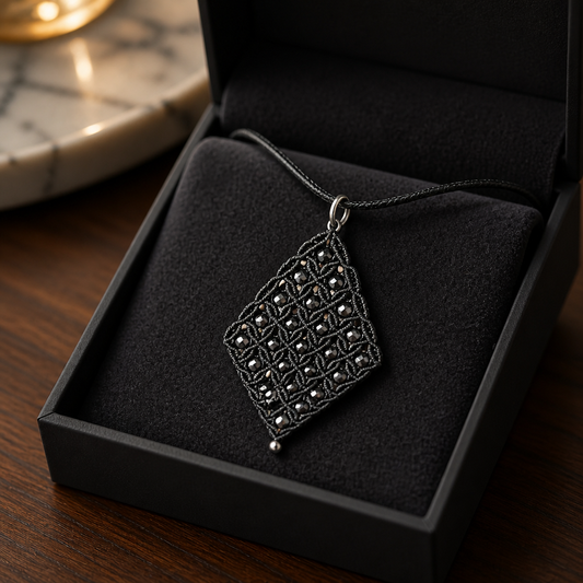 MACRAME DIAMOND SHAPE NECKLACE WITH SMALL HEMATITE BEADS
