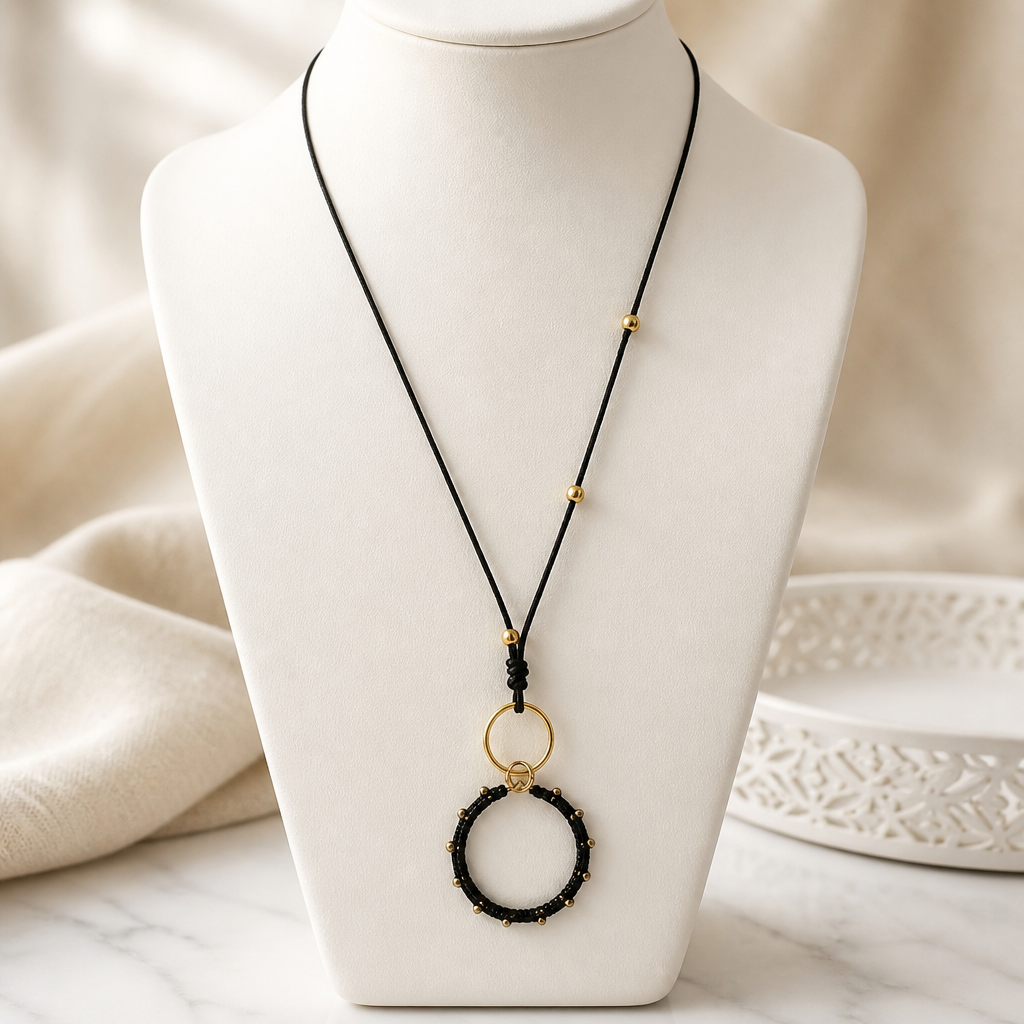 "Crystal My World" Necklace - Black Leather and Black Pendant with Gold Crystals