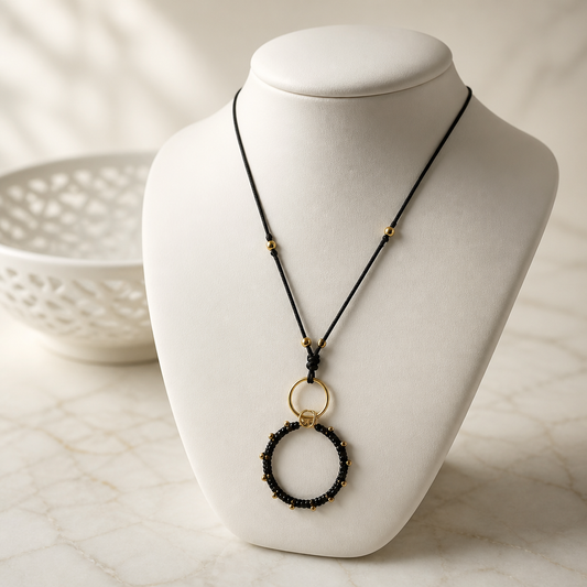 "Crystal My World" Necklace - Black Leather and Black Pendant with Gold Crystals