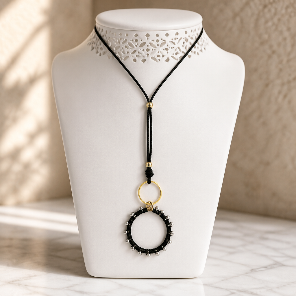 "Crystal My World" Necklace - Black Leather and Black Pendant with Silver Crystals