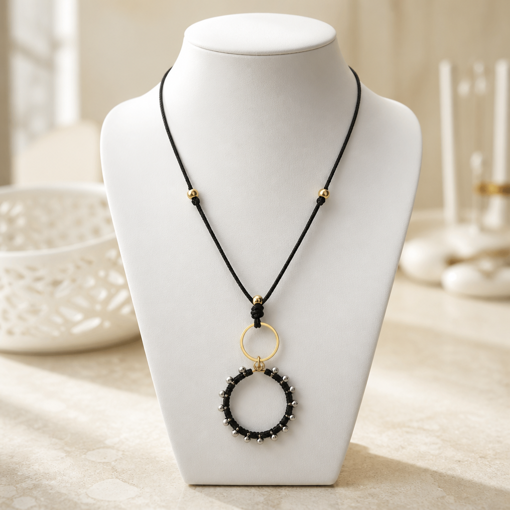 "Crystal My World" Necklace - Black Leather and Black Pendant with Silver Crystals