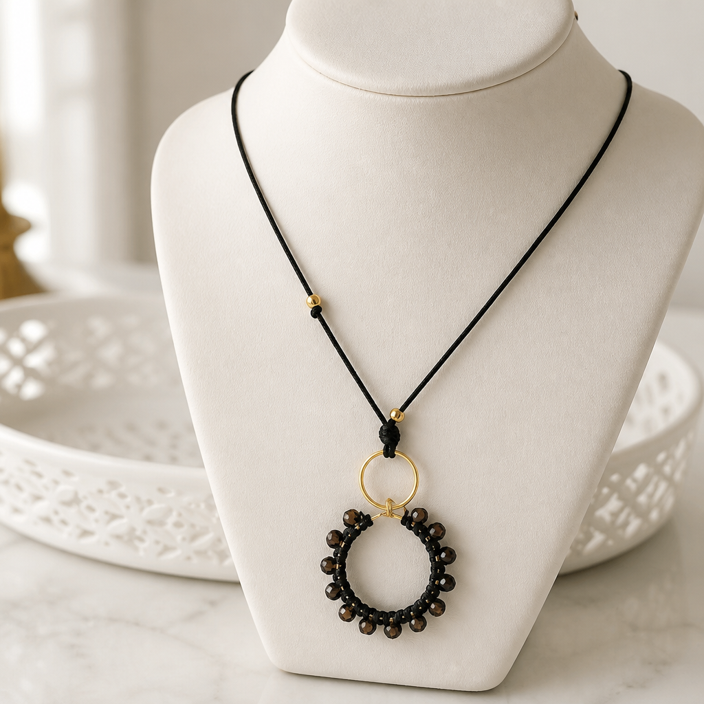 "Crystal My World" Necklace - Black Leather and Black Pendant with Bronze Crystals