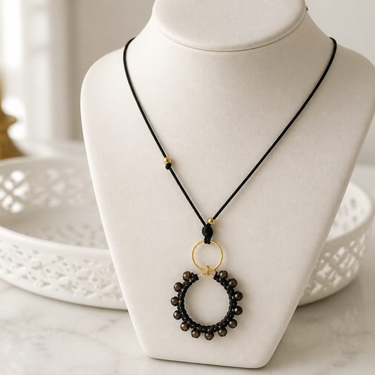 "Crystal My World" Necklace - Black Leather and Black Pendant with Bronze Crystals