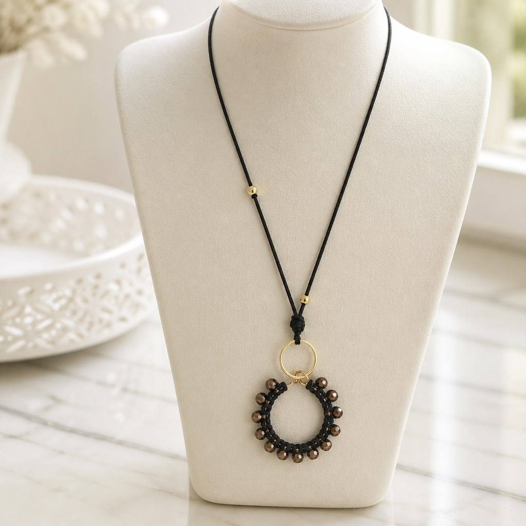"Crystal My World" Necklace - Black Leather and Black Pendant with Bronze Crystals
