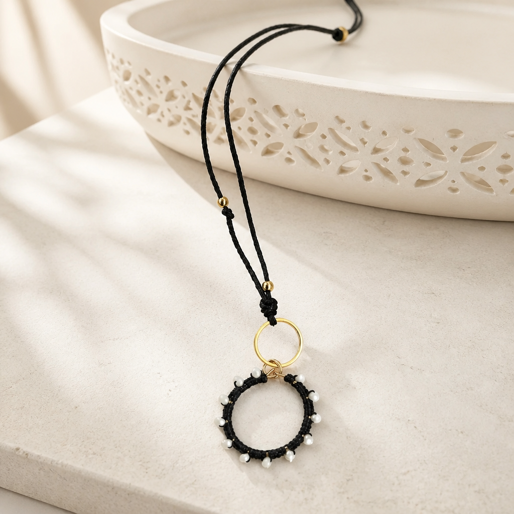 "Crystal My World" Necklace - Black Leather and Black Pendant with White Crystals