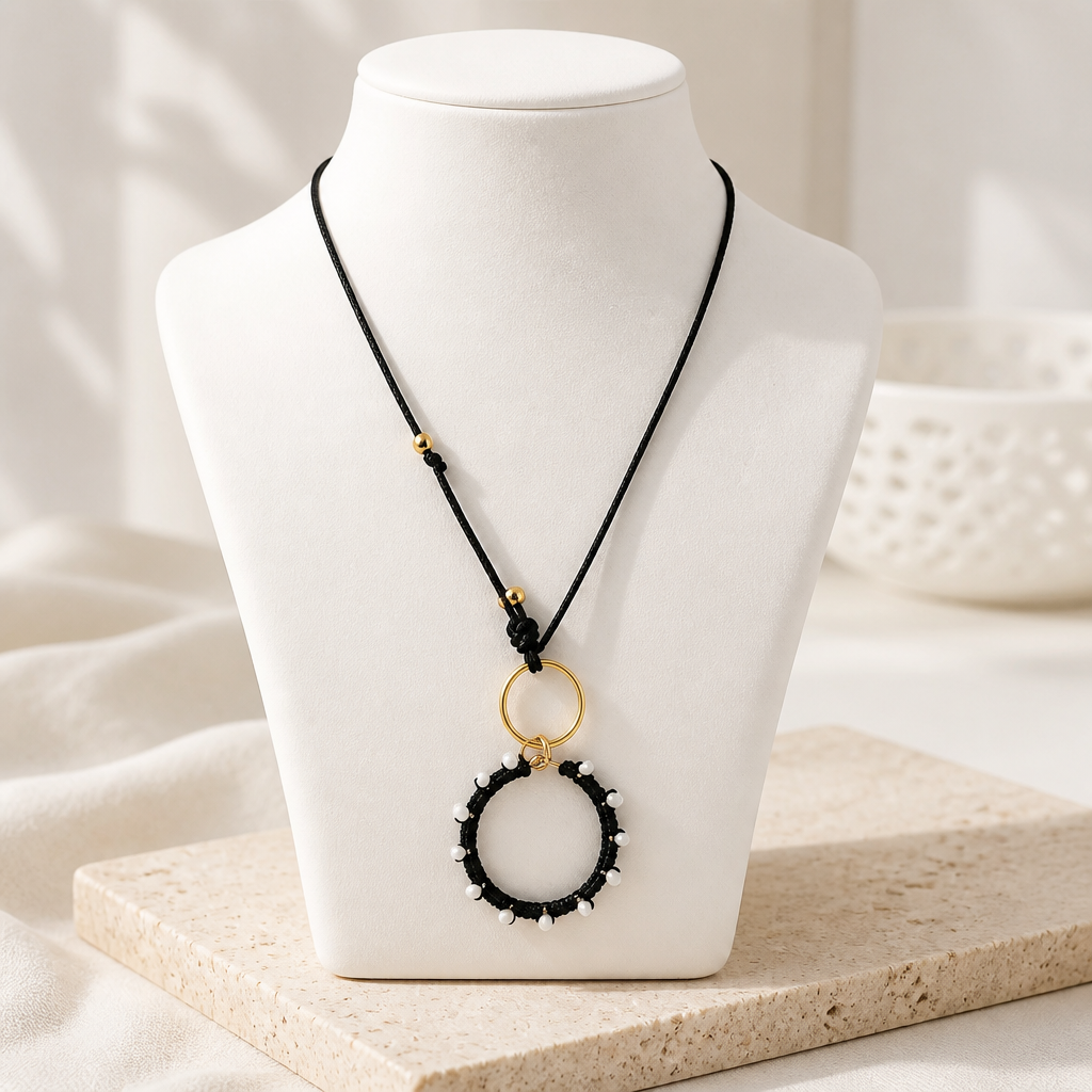 "Crystal My World" Necklace - Black Leather and Black Pendant with White Crystals