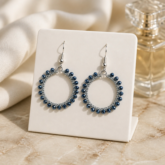 "Crystal My World" Earrings - Round - Gray with Blue/Black Crystals