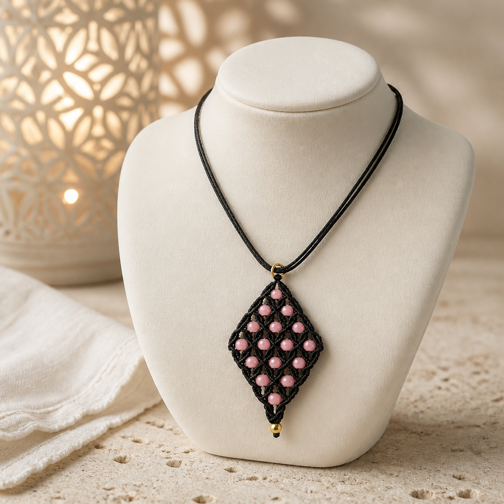 MACRAME DIAMOND SHAPE NECKLACE WITH SMALL PINK QUARTZ BEADS