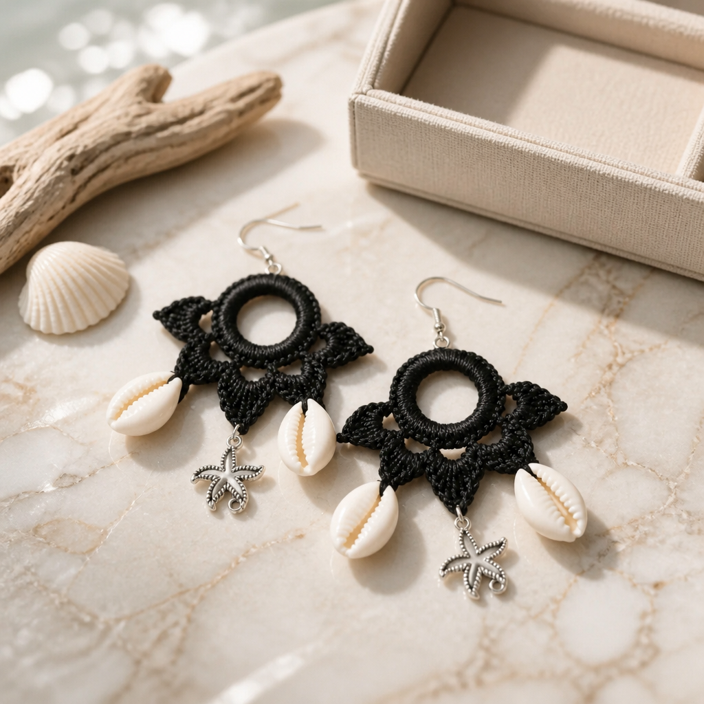 "Summer Vibes" Earrings - Black Color with Starfish and Natural Shells