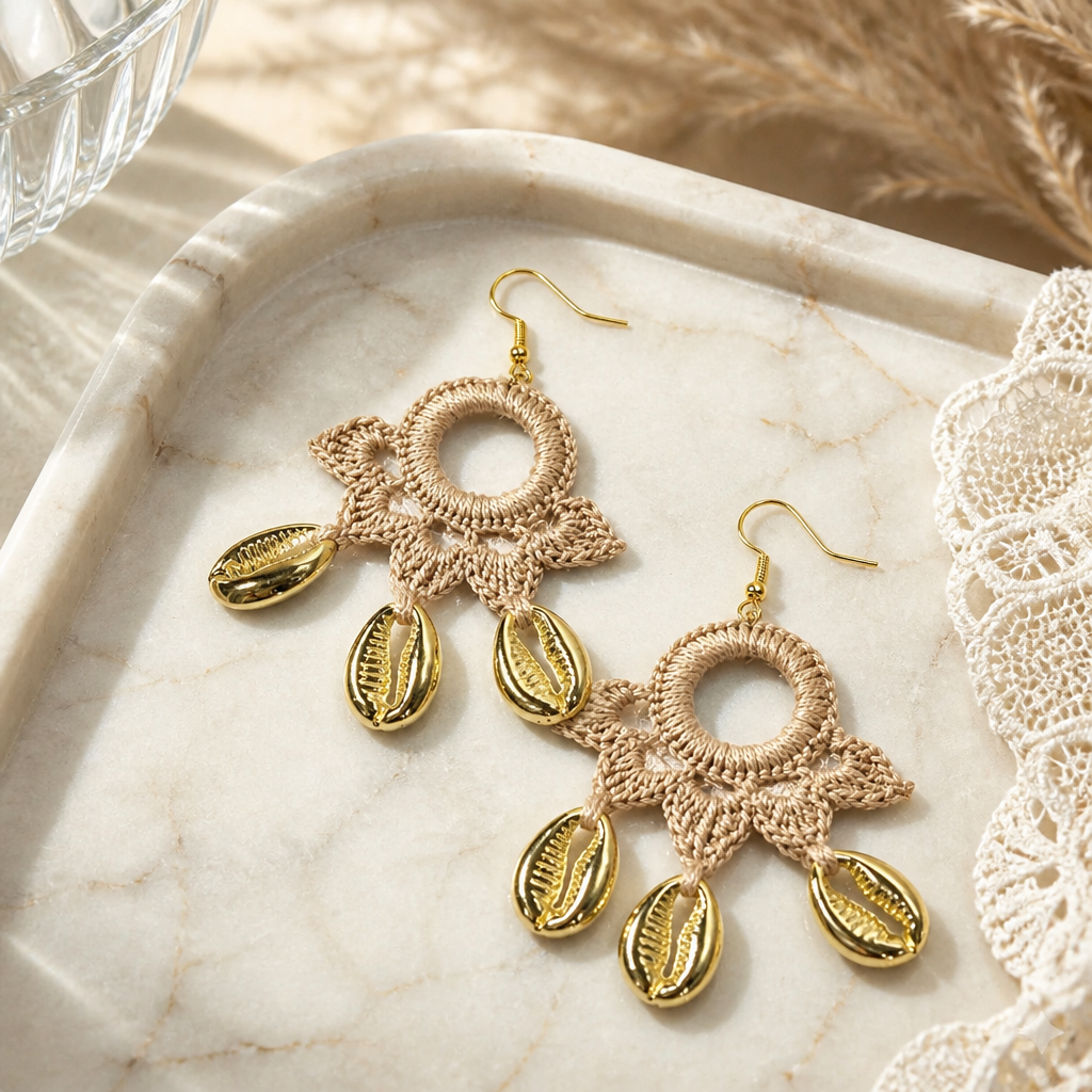 "Summer Vibes" Earrings - Sand color with gold shells